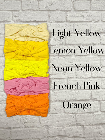 Sailor knot baby headbands in yellows and bright colors