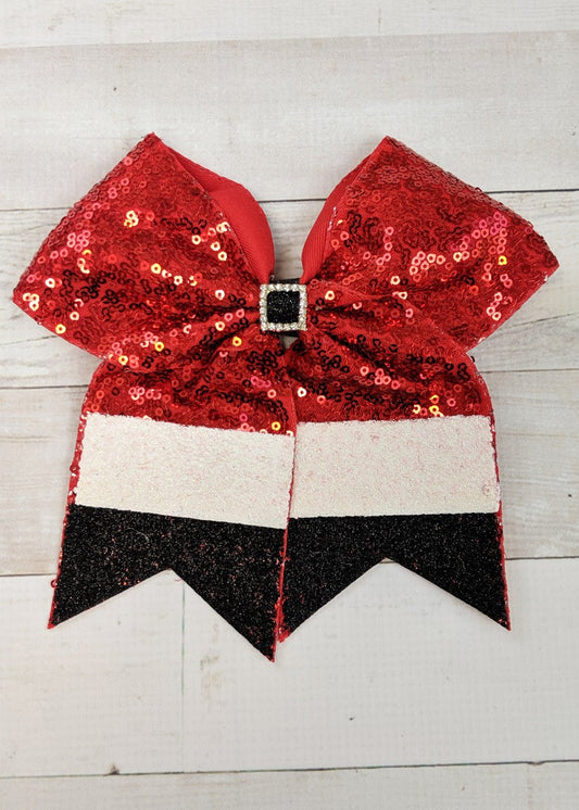 Sequin Christmas Santa Claus large cheer style bow for girls. Alligator clip backing, approximately 7" across. - Alternative view