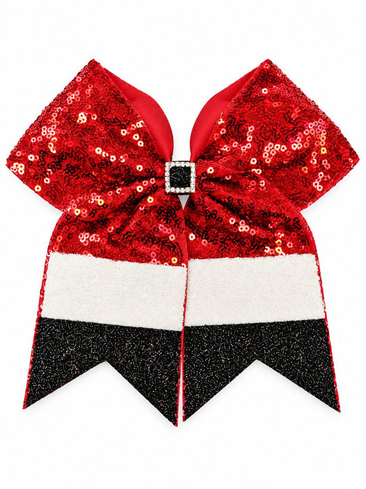 Red sequin Santa Christmas cheer hair bow with white and black glitter ribbon tails and a square rhinestone center, on a white background.