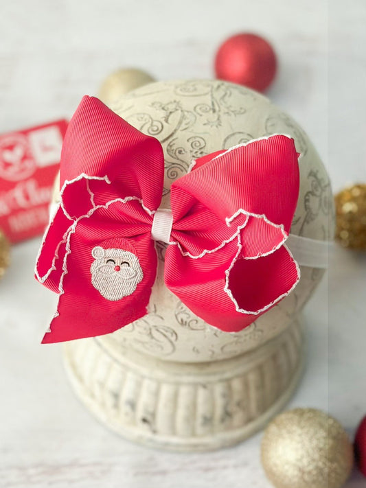 Santa embroidered bow on satin elastic headband