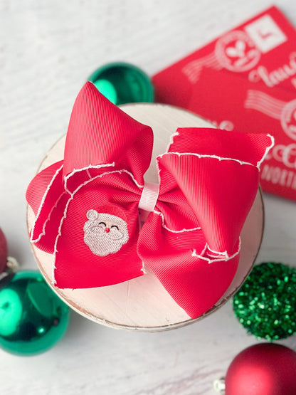 Santa embroidered hair bow on alligator clip with matching bow headband