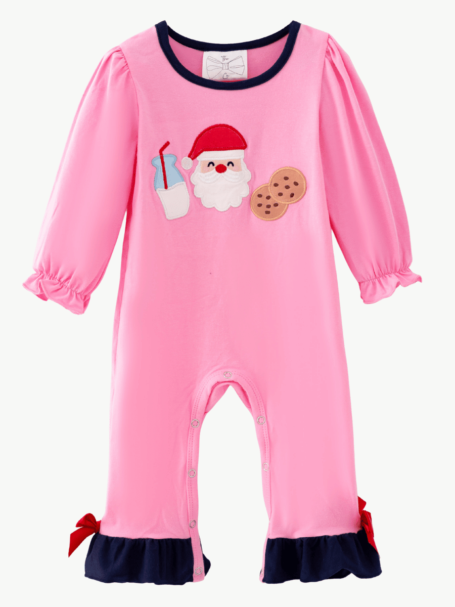 Baby girl pink Christmas romper with Santa, milk and cookies appliqué