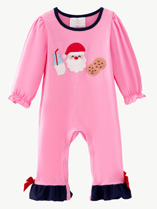 Baby girl pink Christmas romper with Santa, milk and cookies appliqué
