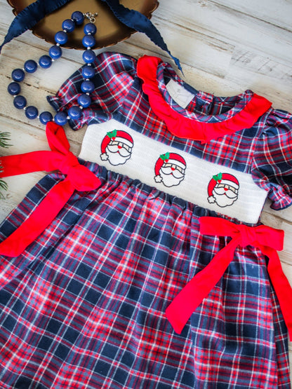 Plaid girls Christmas dress with red bows and smocked Santa face