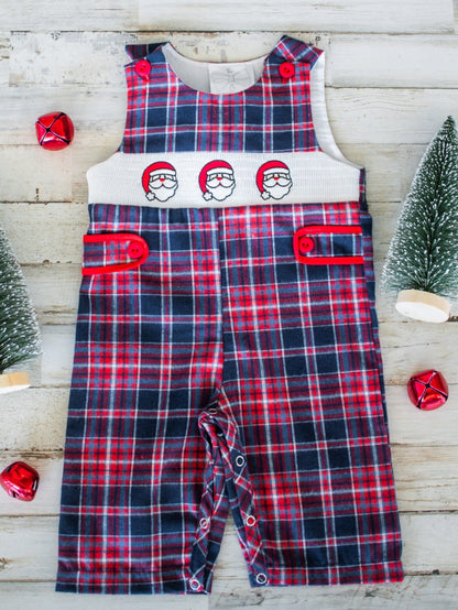 Plaid infant boys Christmas onesie with a Santa face trio appliqué
