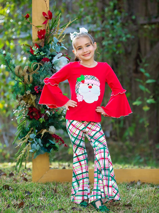 Girl wearing the Santa's Little Helper Christmas bell bottom set - Alternative view