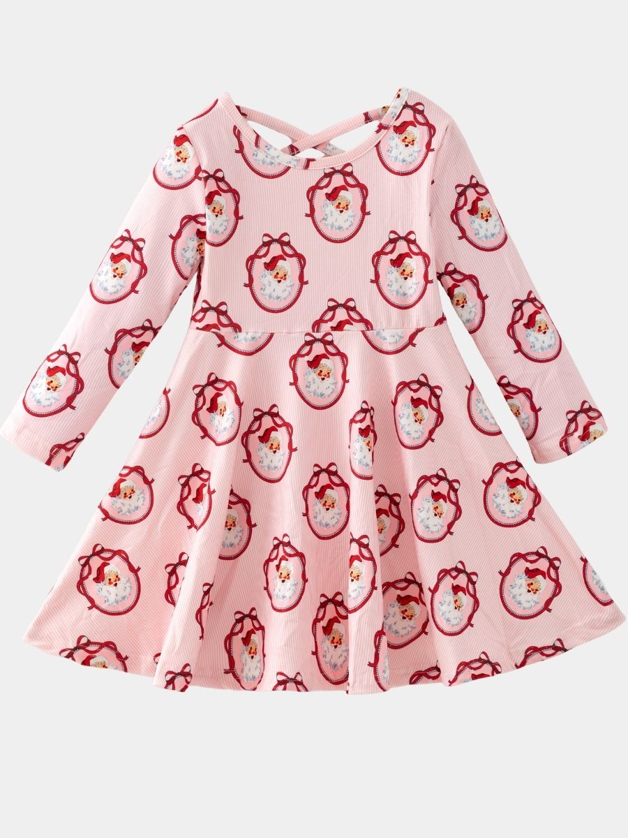 Girls Vintage Santa Christmas twirl dress with long sleeves, pink striped fabric, classic Santa portrait print, and a full twirl skirt on a white background.