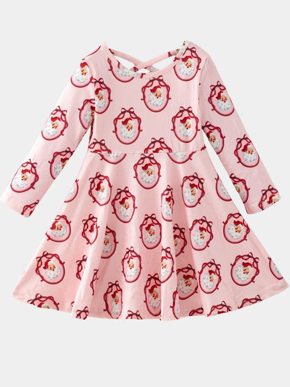 Girls Vintage Santa Christmas twirl dress with long sleeves, pink striped fabric, classic Santa portrait print, and a full twirl skirt on a white background.