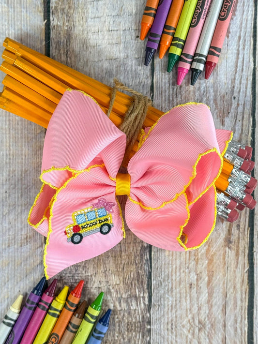 School Bus Embroidered Moonstitch Hair Bow - clip style