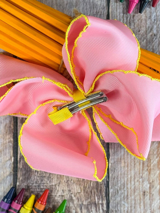 Back of School Bus Embroidered Moonstitch Hair Bow showing double prong alligator clip - Alternative view