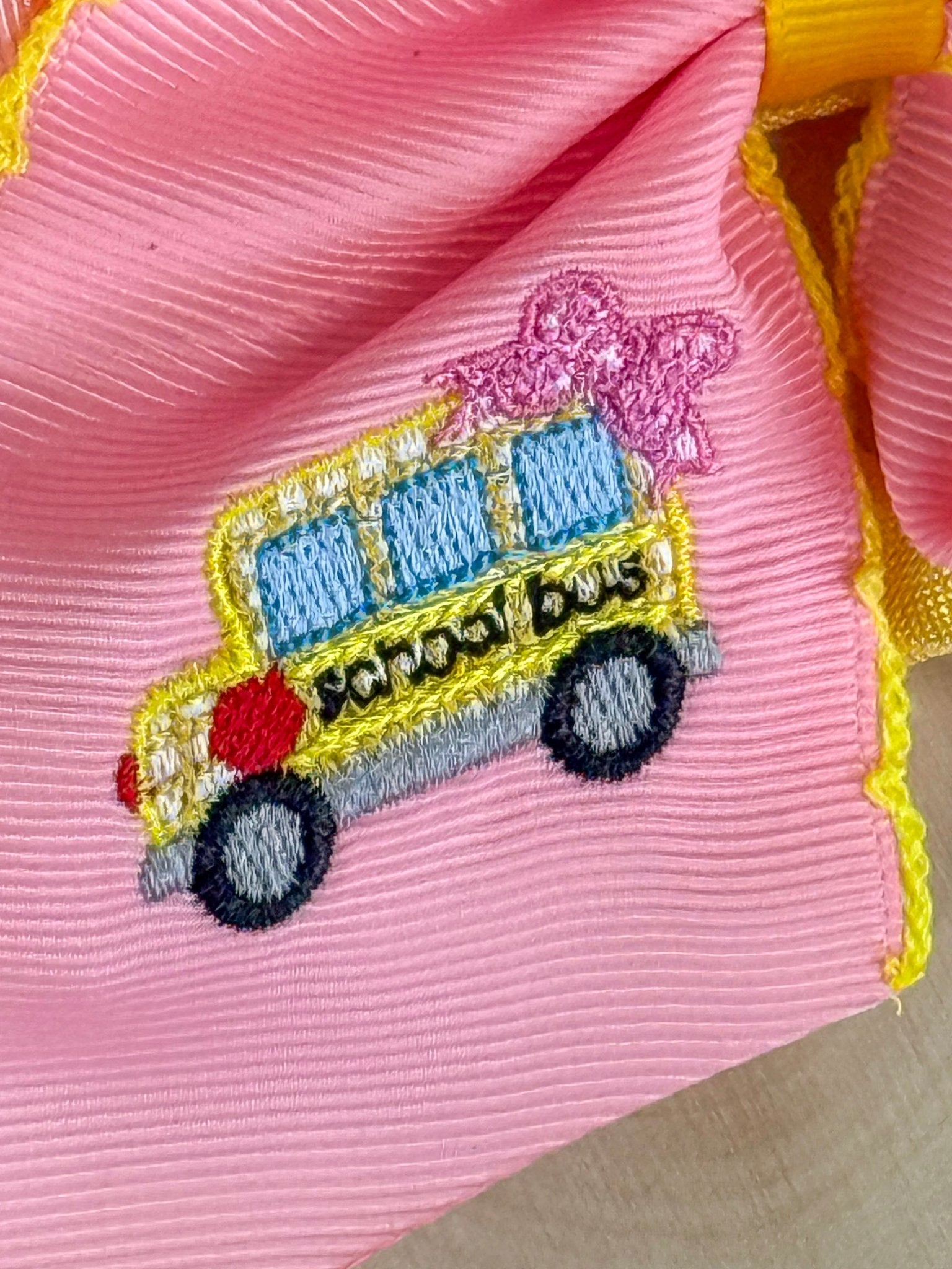 School Bus Embroidered Moonstitch Bow Headband flat lay