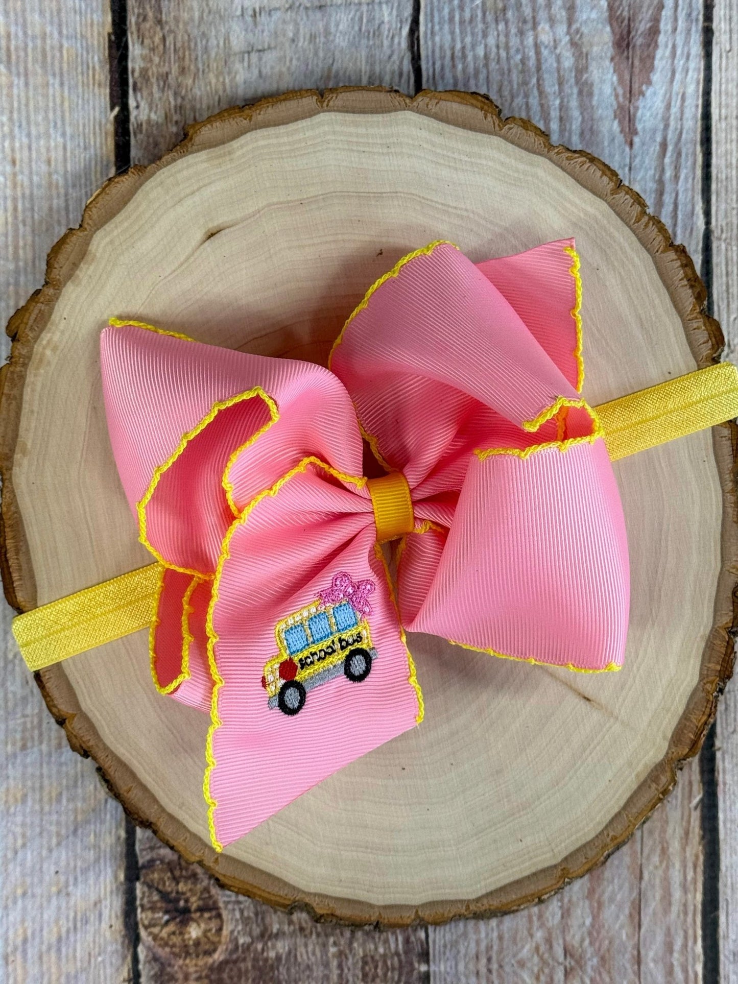 School Bus Embroidered Moonstitch Bow Headband - satin elastic style