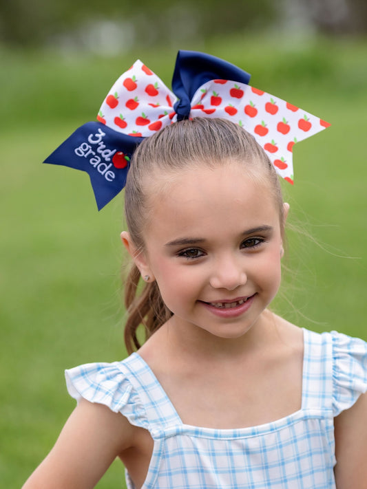 model wearing 3rd grade School Grade Embroidered Cheer Bow