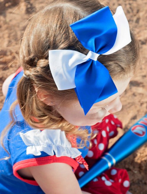 Royal blue and white oversized school spirit hair bow
