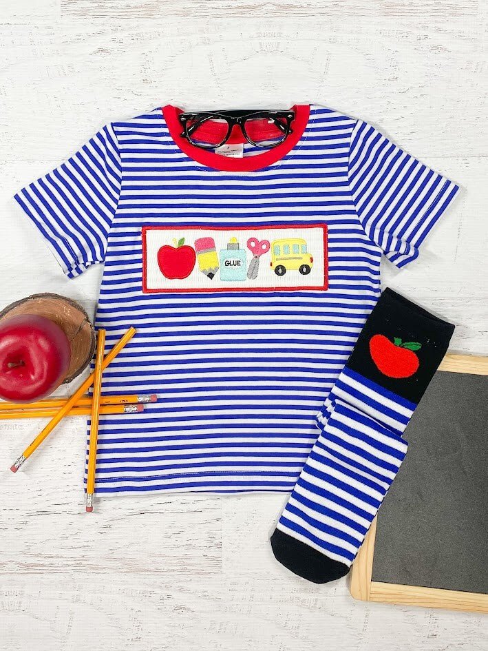 Blue & White School Supplies Striped Boys Tee
