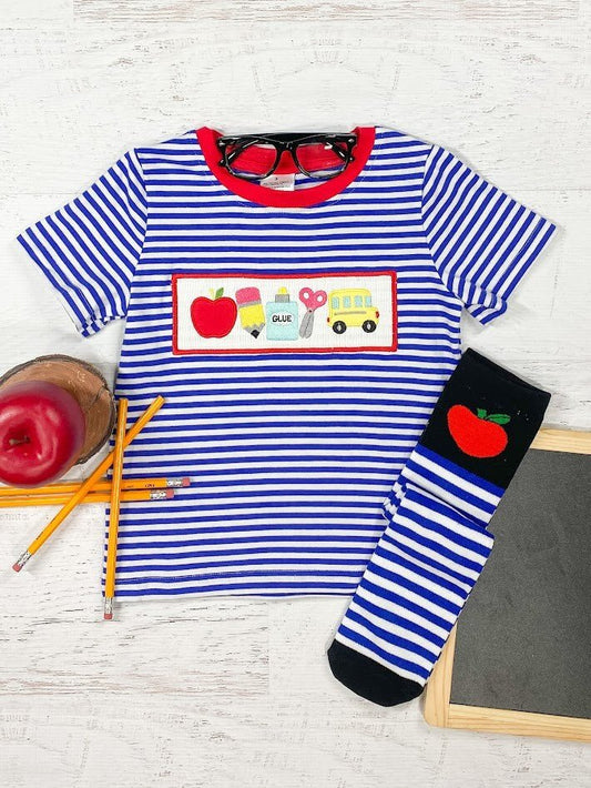 Blue & White School Supplies Striped Boys Tee