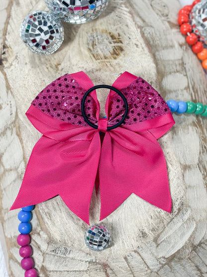 Back of hot pink sequin cheer hair bow