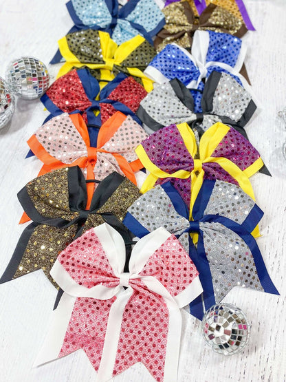 Sequin school spirit cheer bows on pony-o in assorted team colors