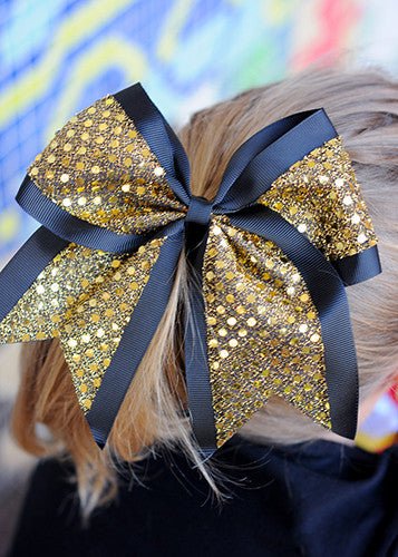 Gold and black sequin school spirit cheer bow on pony-o