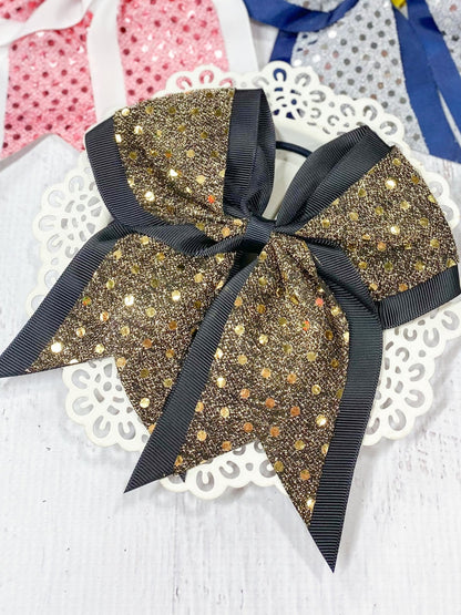 Gold and black sequin school spirit cheer bow on pony-o
