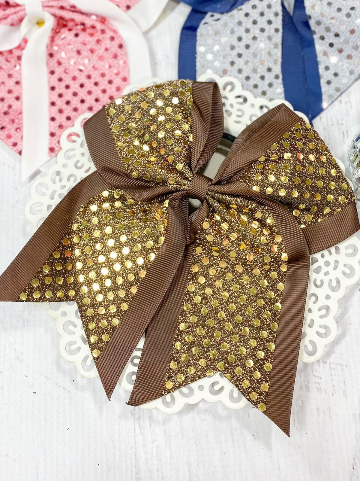 Gold and chocolate sequin school spirit cheer bow on pony-o