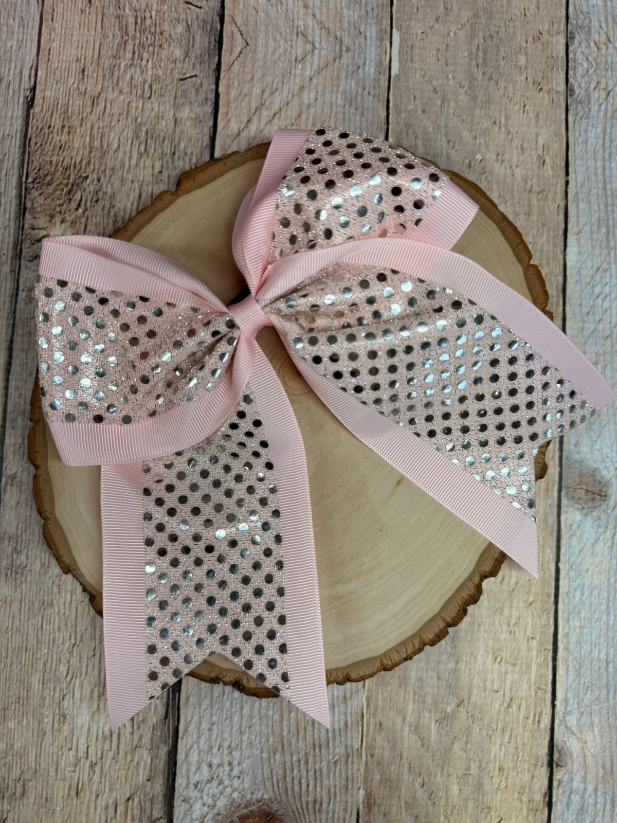 Light pink and white sequin school spirit cheer bow on pony-o