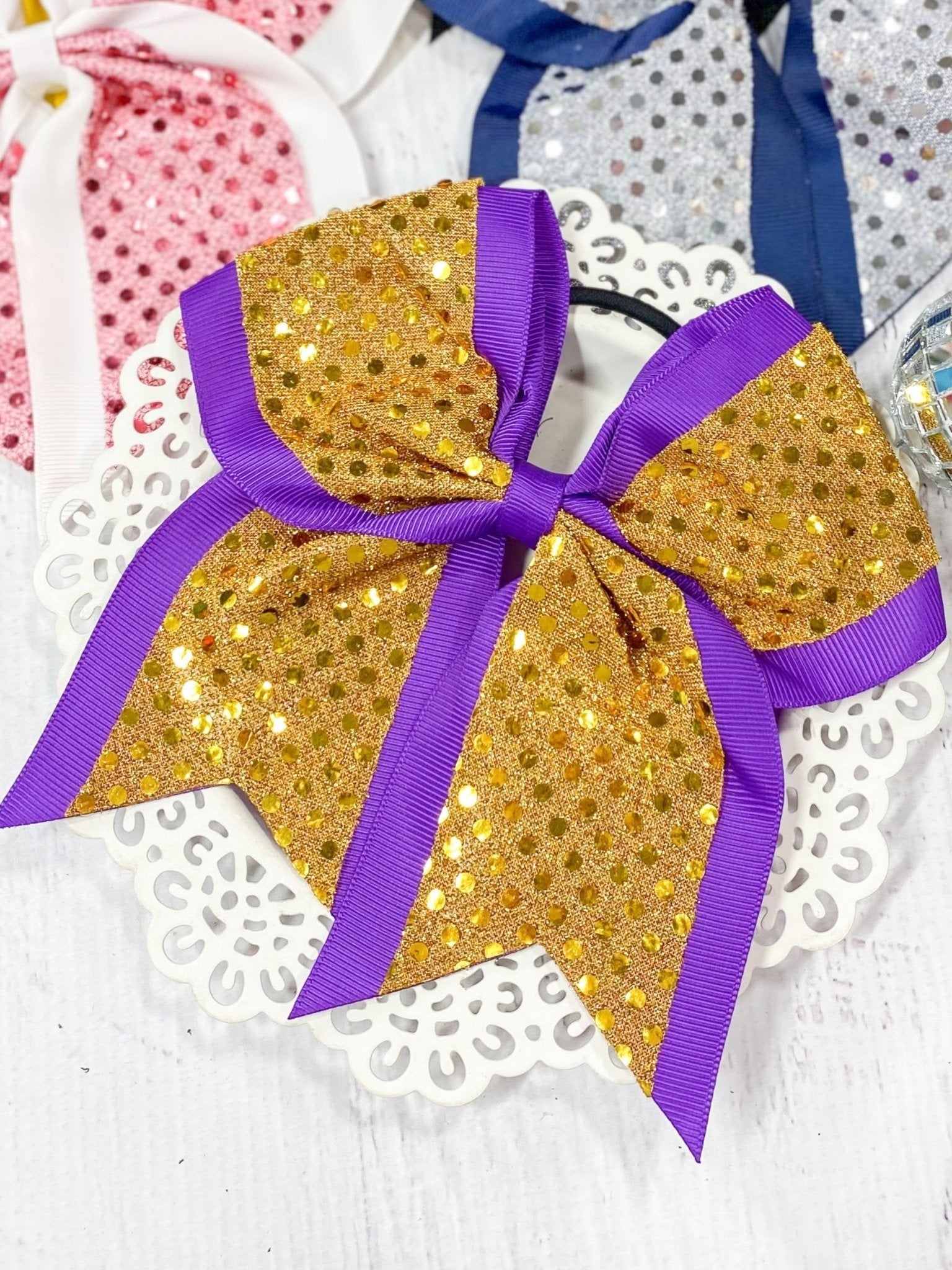 yellow/purple sequin school spirit cheer bow