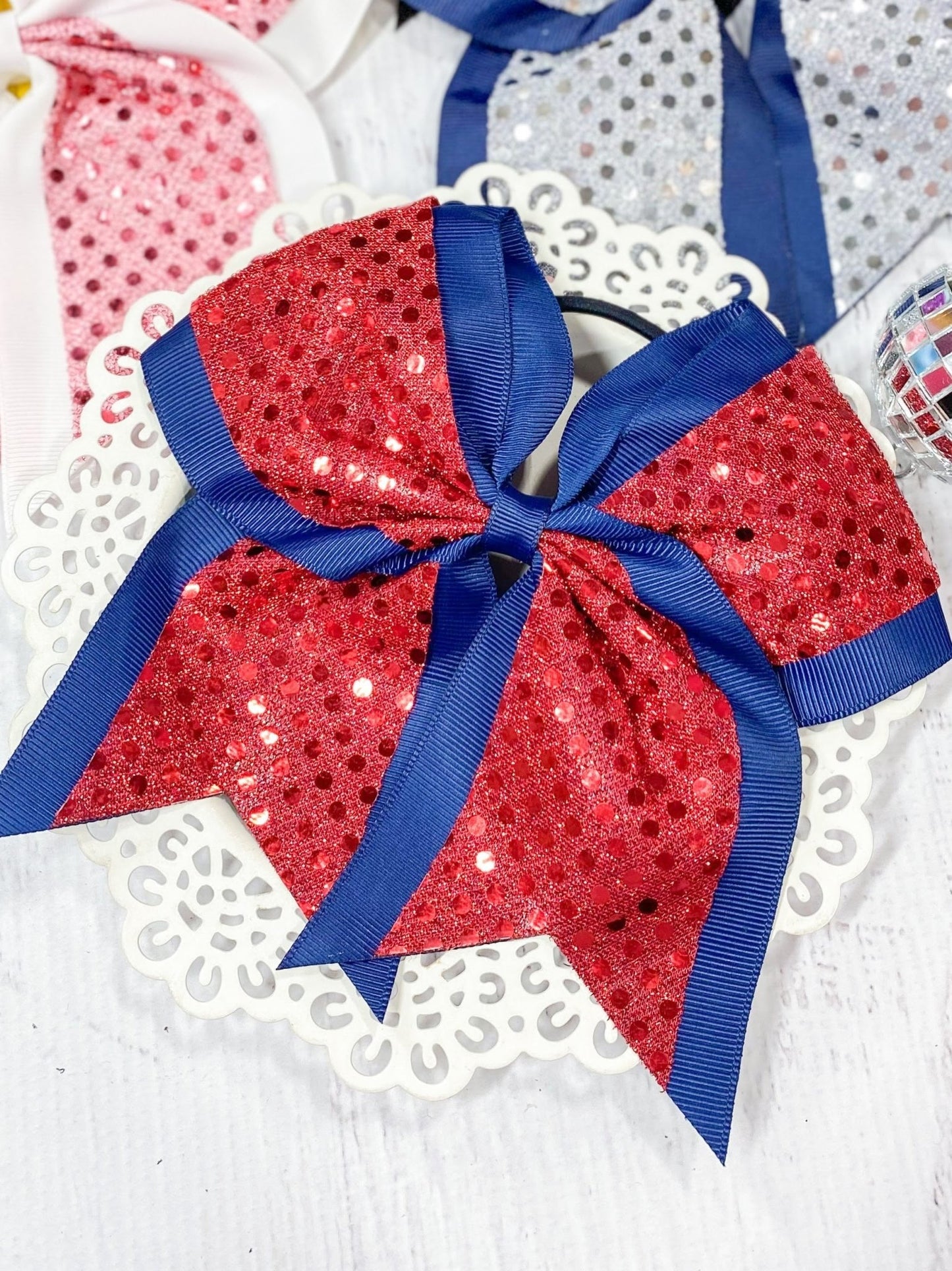 red/navy sequin school spirit cheer bow