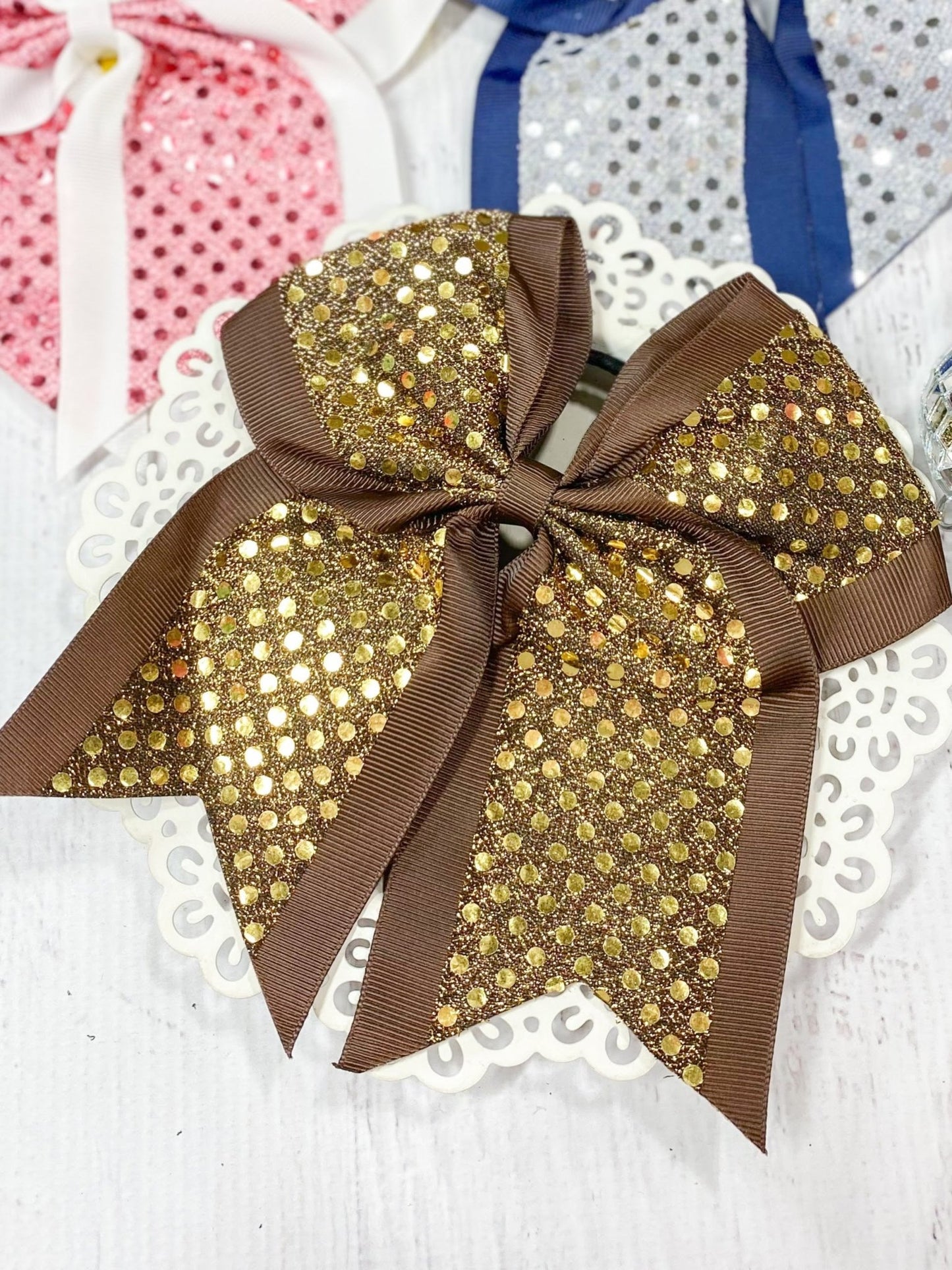 gold/chocolate sequin school spirit cheer bow