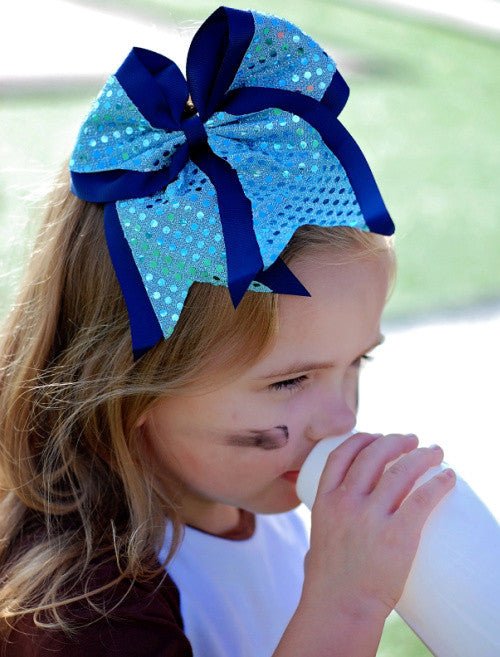 School Spirit Sequin Cheer Bow in Navy and Light Blue