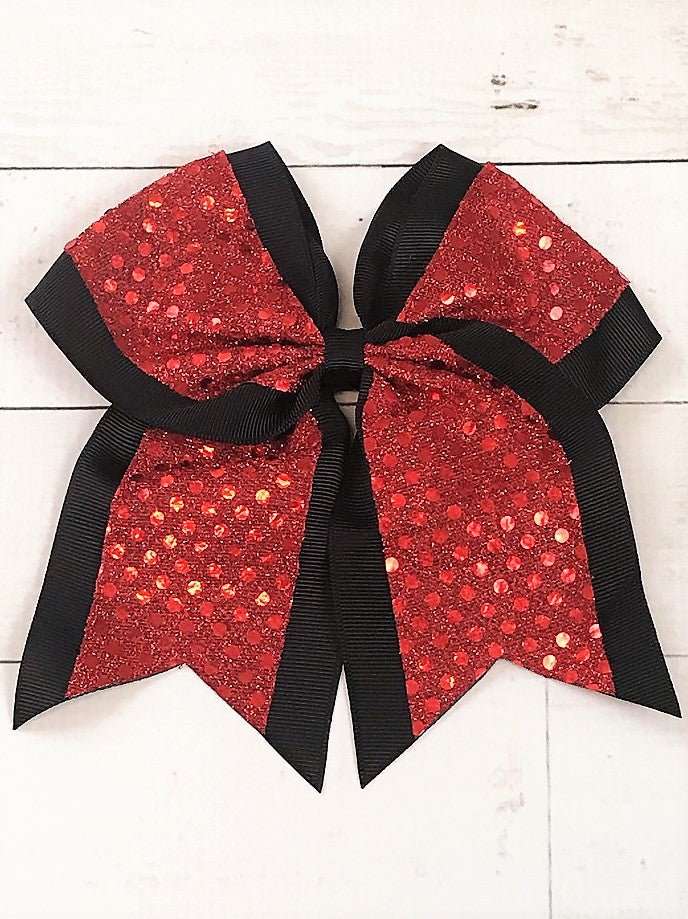 Red and black sequin school spirit cheer bow on pony-o