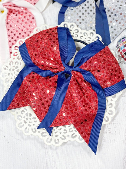 Red and navy sequin school spirit cheer bow on pony-o
