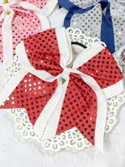 Red and white sequin school spirit cheer bow on pony-o