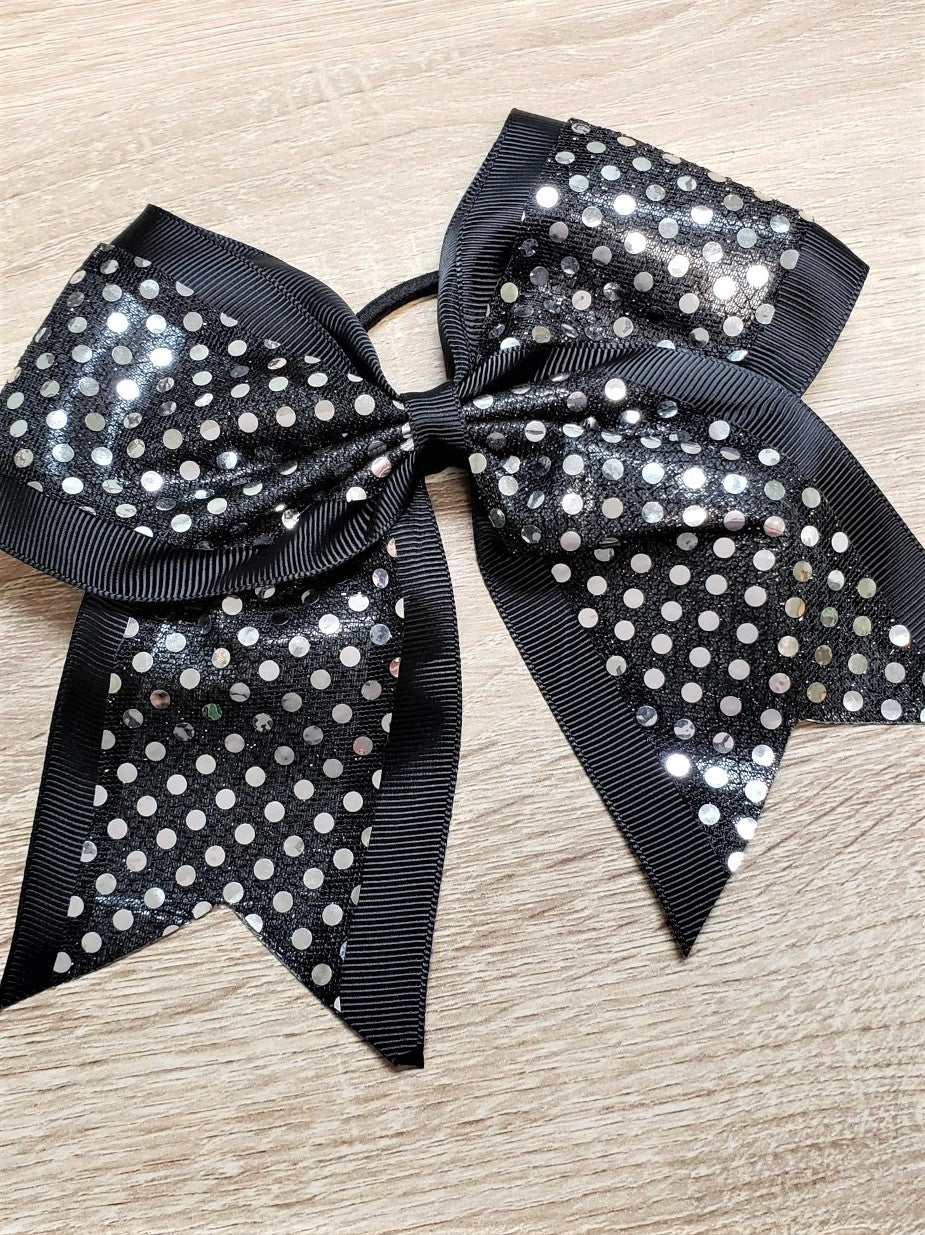Silver and black sequin school spirit cheer bow on pony-o