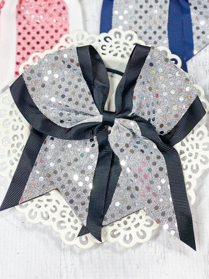 Silver and black sequin school spirit cheer bow on pony-o