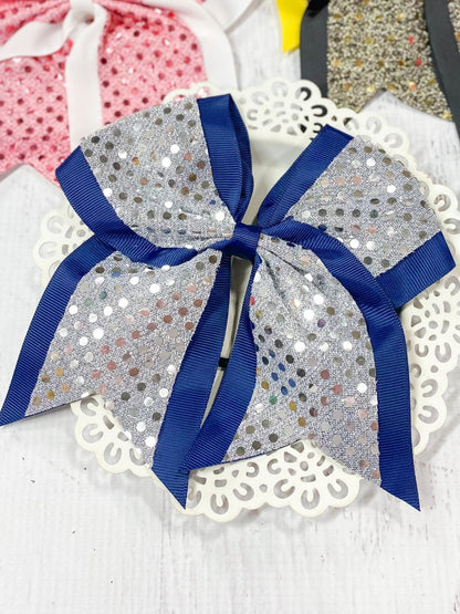 Silver and navy sequin school spirit cheer bow on pony-o