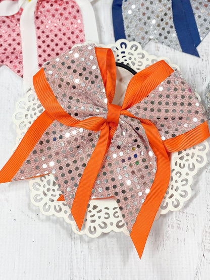 Silver and orange sequin school spirit cheer bow on pony-o