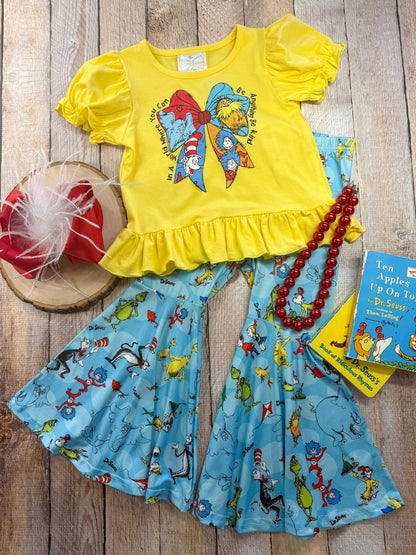 Seuss outfit on wooden background with accessories