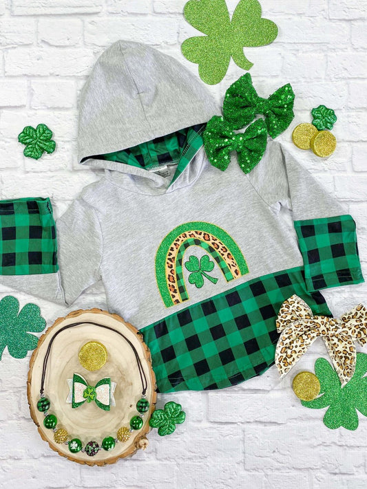 Green Buffalo Plaid Faux Layered Hoodie with rainbow shamrock design. - Alternative view