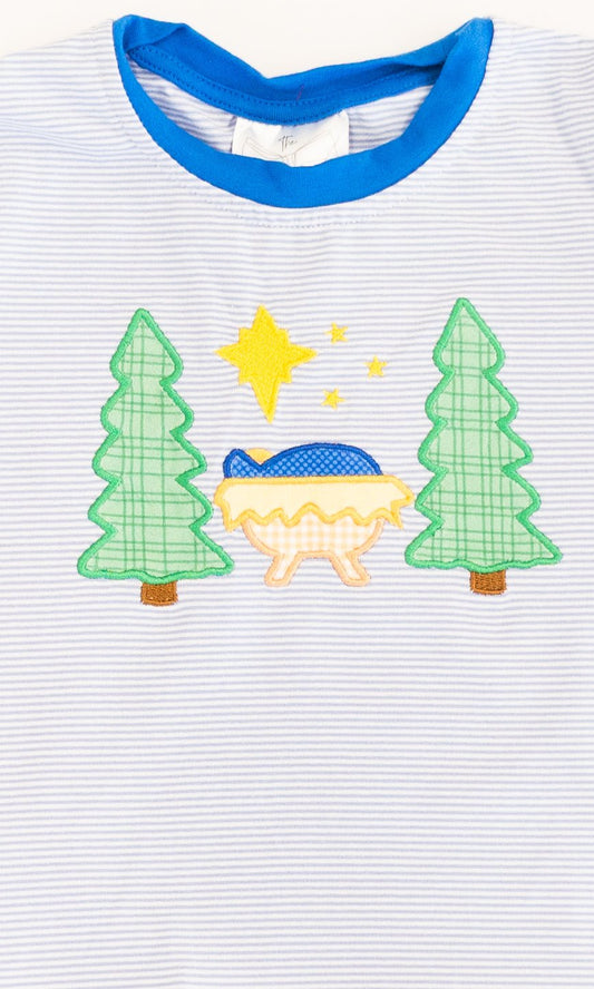 Close-up of the nativity scene embroidery on boys blue Christmas pajamas - Alternative view