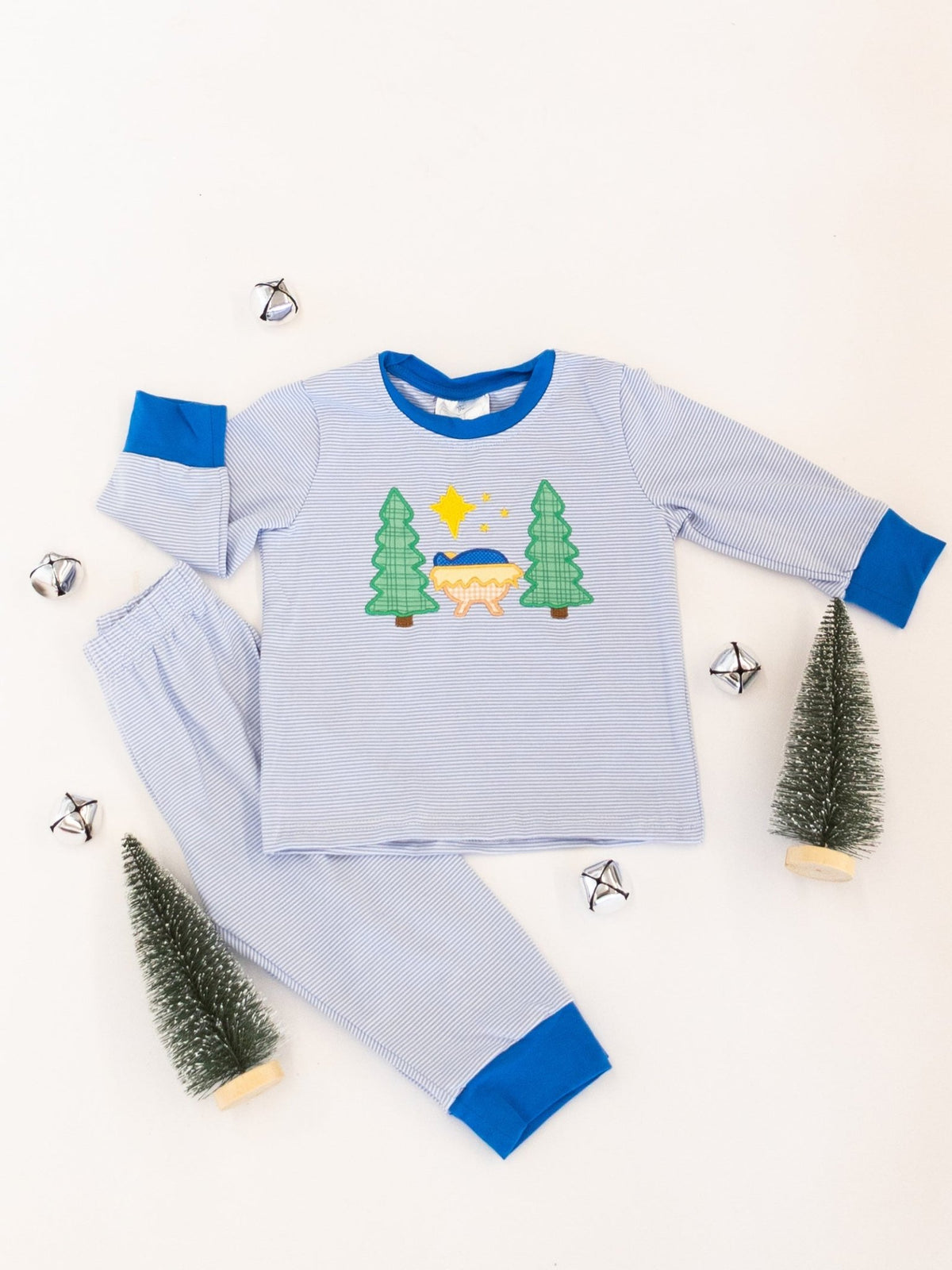 Boys blue Silent Night Christmas pajamas with nativity embroidery