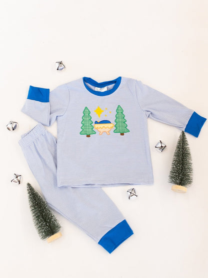 Boys blue Silent Night Christmas pajamas with nativity embroidery