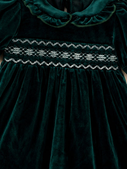 Girls Velvet Smocked Peter Pan Collar Dress
