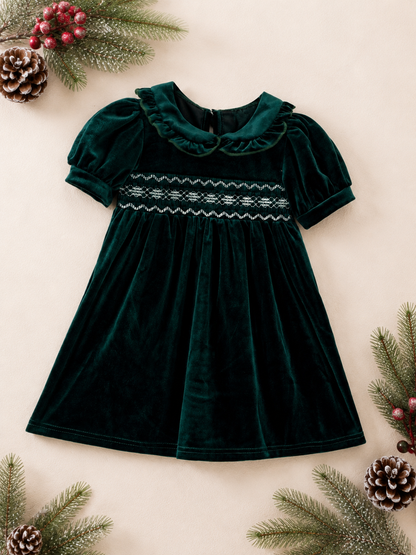 Girls Velvet Smocked Peter Pan Collar Dress