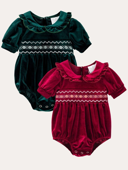 Red and green Baby Velvet Smocked Peter Pan Bubble Rompers for Christmas and holiday outfits