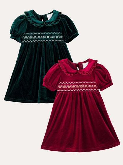 Red and green Girls Velvet Smocked Peter Pan Dresses for Christmas and holiday outfits