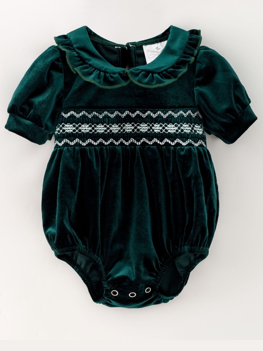 Green Baby Velvet Smocked Peter Pan Bubble Romper with ruffled collar and puff sleeves