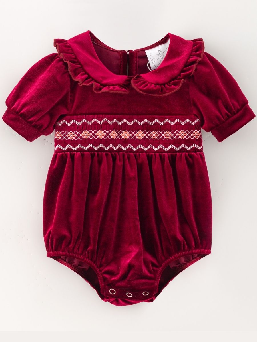 Red Baby Velvet Smocked Peter Pan Bubble Romper with ruffled collar and puff sleeves