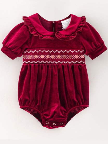 Red Baby Velvet Smocked Peter Pan Bubble Romper with ruffled collar and puff sleeves