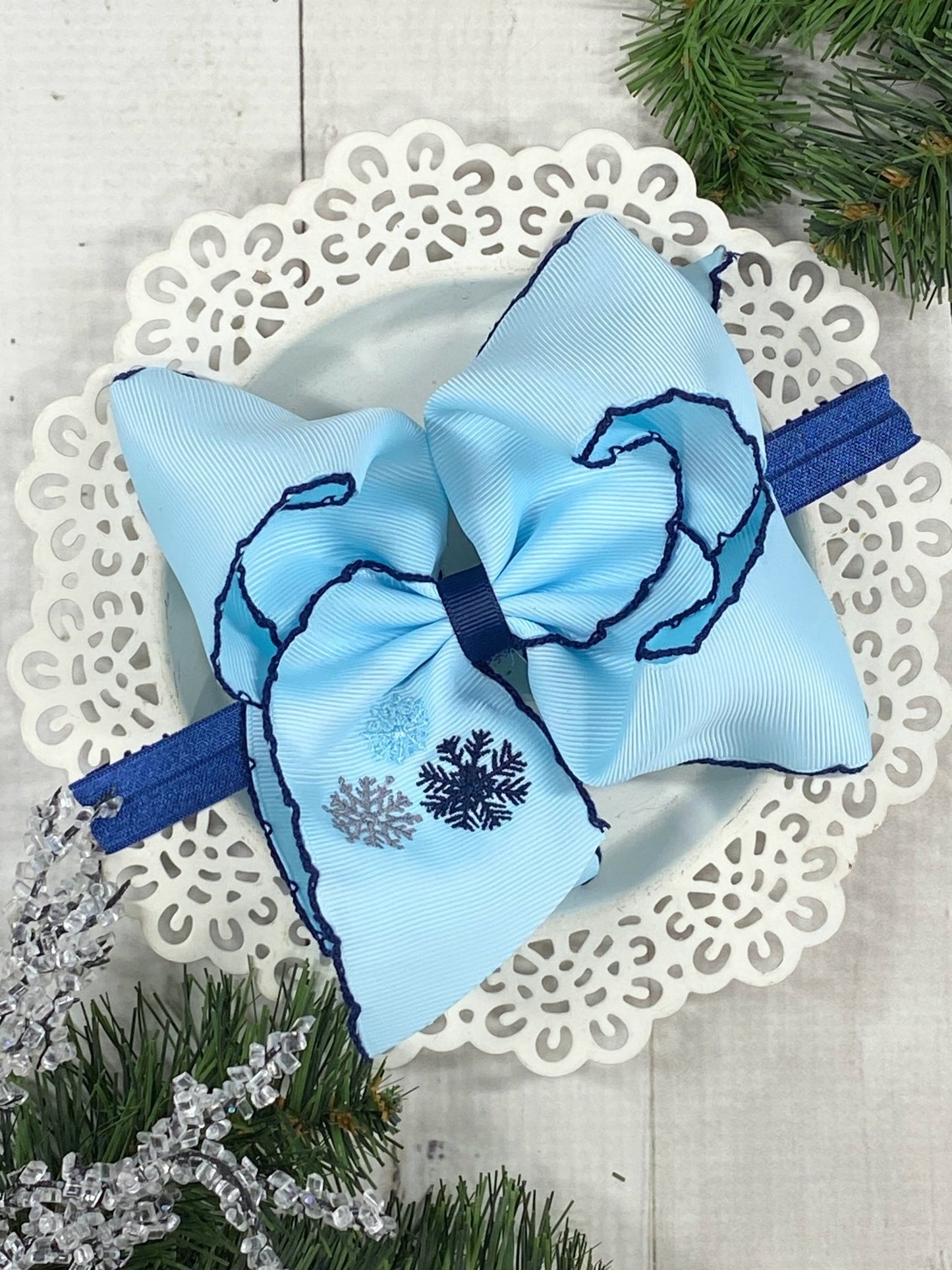 Snowflake Embroidered Moonstitch Bow Headband